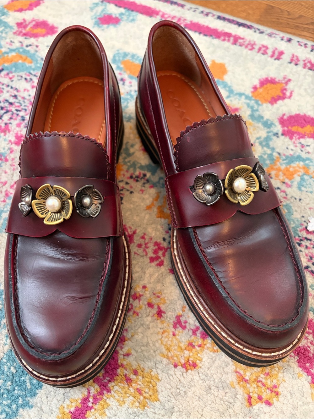 Coach Burgundy Leather Floral-Accent Loafers - Picture 7 of 8